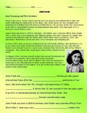 English Worksheet: Comprehension Passage on Anne Frank