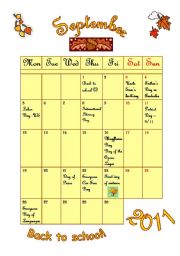 English Worksheet: September 2011 - calendar with questions