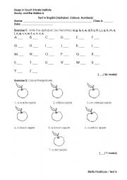 English Worksheet: Test on Numbers, Colours and the Alphabet
