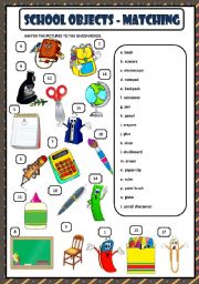 SCHOOL OBJECTS - MATCHING + KEY