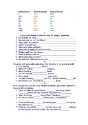 Subject pronouns, possessive adjectives, possessive pronouns. Key included.