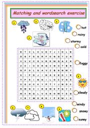 English Worksheet: weather: matching and wordsearch