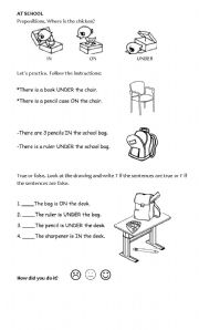 English Worksheet: school objects and prepositions of place