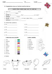 English Worksheet: TEST - NUMBERS - COLORS - SHAPES 