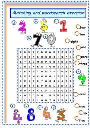 English Worksheet: numbers matching and wordsearch