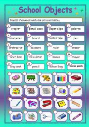 English Worksheet: School Objects (Matching Exercise)