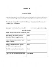 English Worksheet: Personality Words: Student A