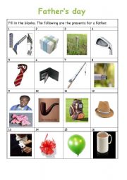 English worksheet: fathers day/gifts pictuures and crosswords and questions