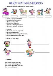 English Worksheet: PRESENT CONTINUOUS EXERCISES