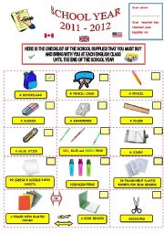 English Worksheet: SCHOOL SUPPLIES CHECKLIST * EDITABLE DOCUMENT*