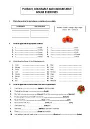English Worksheet: PLURALS, COUNTABLE AND UNCOUNTABLE NOUNS