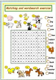 English Worksheet: farm animals matching and wordsearch