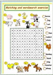 farm animals matching and wordsearch