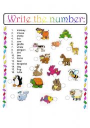 English Worksheet: Write the number_ANIMALS