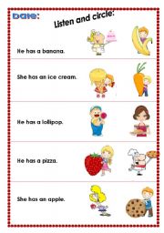 English Worksheet: He has and She has.