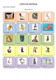 English worksheet: Cartoon animals