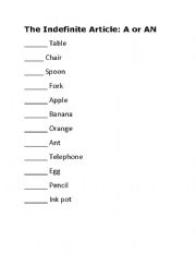English worksheet: The Indefinite Article: A or AN