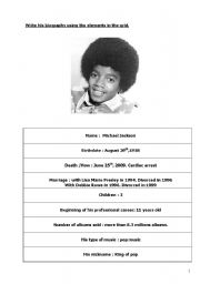 English Worksheet: Michael Jacksons biography