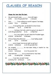 English Worksheet: clauses of reason