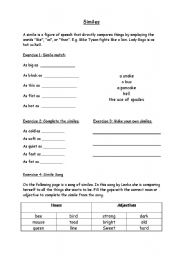 English worksheet: Similes and 