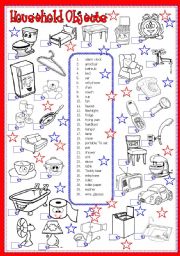 English Worksheet: Household objects  vocabulary worksheet  house objects and appliances  editable