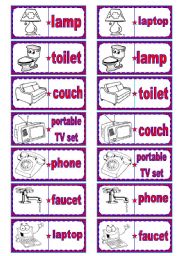 English Worksheet: Household objects dominoes  7 words, 28 pieces  2 pages  editable