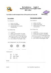English Worksheet: Requirements for Your Students� Folder (with Self-Assessment and Your Evaluation))