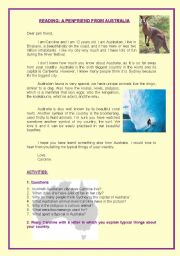 English Worksheet: READING+ WRITING : A PENPAL FROM AUSTRALIA