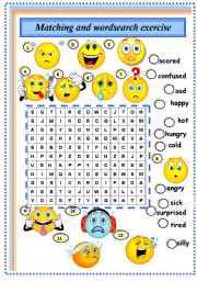 English Worksheet: feelings:matching and wordsearch exercise