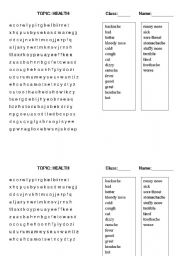 English worksheet: health problem wordsearch