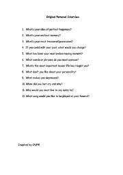 English worksheet: Personal Interview for Speaking Practice