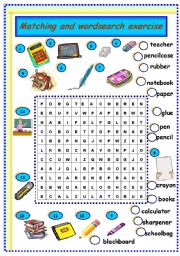 English Worksheet: school objects: matching and wordsearch exercise