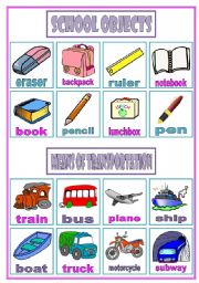 In / Out Game ( vocabulary review)  school objects  means of transportation  clothing  rooms of a house  3 pages  teachers handout with directions  editable