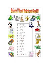 English Worksheet: Animal Pictionary - Word Match & Gap Fill