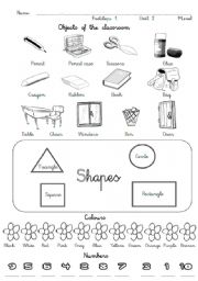 English Worksheet: Classroom objects, colours, shapes, numbers