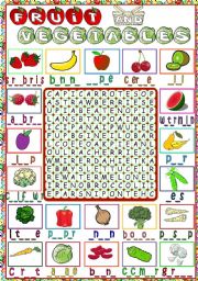English Worksheet: Fruit & Vegetables - WORDSEARCH (B&W included)
