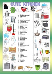 English Worksheet: CUTE KITCHEN - FOR BEGINNERS + KEY