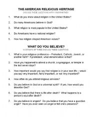 English Worksheet: Americas Religious Heritage