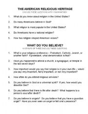 English worksheet: Americas Religious Heritage