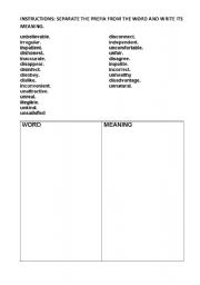 English worksheet: PREFIXES