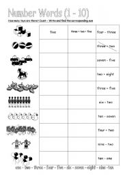 English worksheet: Number Words (1-10)