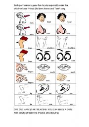English Worksheet: Body Parts Memory Game- picture + word