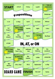 English Worksheet: IN, AT, ON Prepositions Board Game