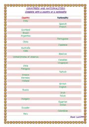 English worksheet: COUNTRIES AND NATIONALITIES