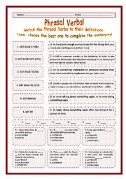 English Worksheet: > Phrasal Verbs Practice 42! > --*-- Definitions + Exercise --*-- BW Included --*-- Fully Editable With Key!