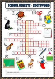 English Worksheet: SCHOOL OBJECTS - CROSSWORD + KEY