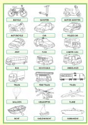 English Worksheet: MEANS OF TRANSPORT PICTIONARY