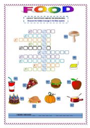 English Worksheet: FOOD CROSSWORD AND HIDDEN MESSAGE