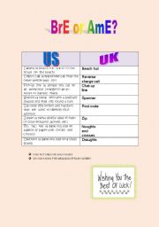 English worksheet: AmE & BrE