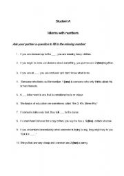 English Worksheet: idioms with numbers a pair work activity